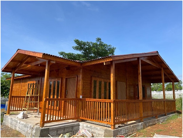 A modern wooden farmhouse